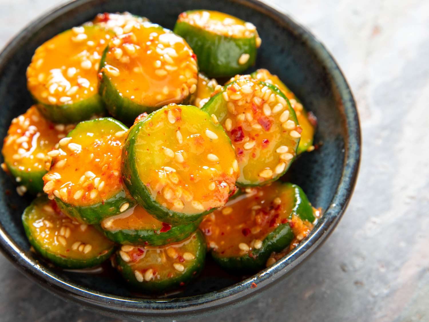 Pickled cucumber slices in a bowl