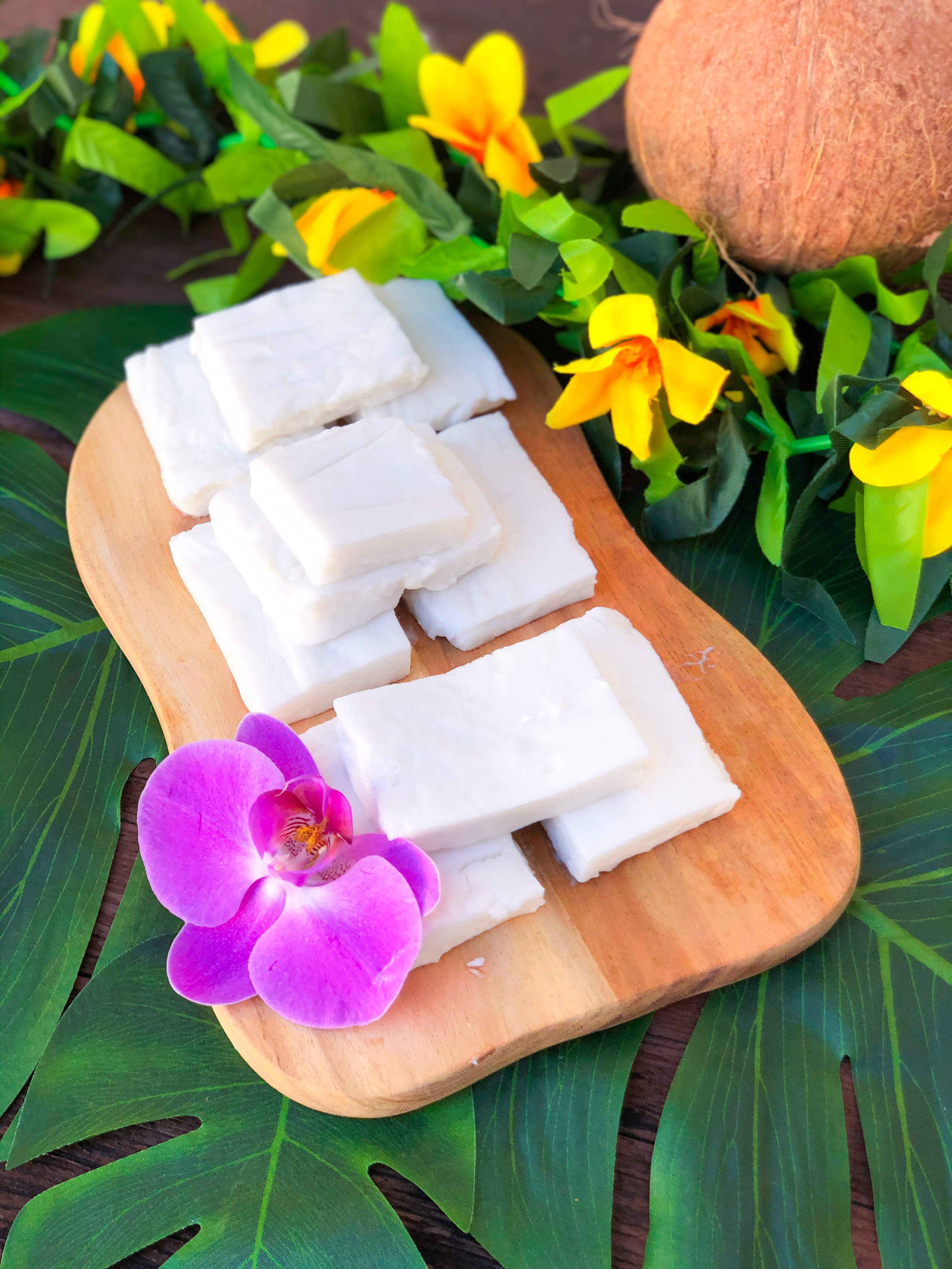 Squares of haupia coconut dessert