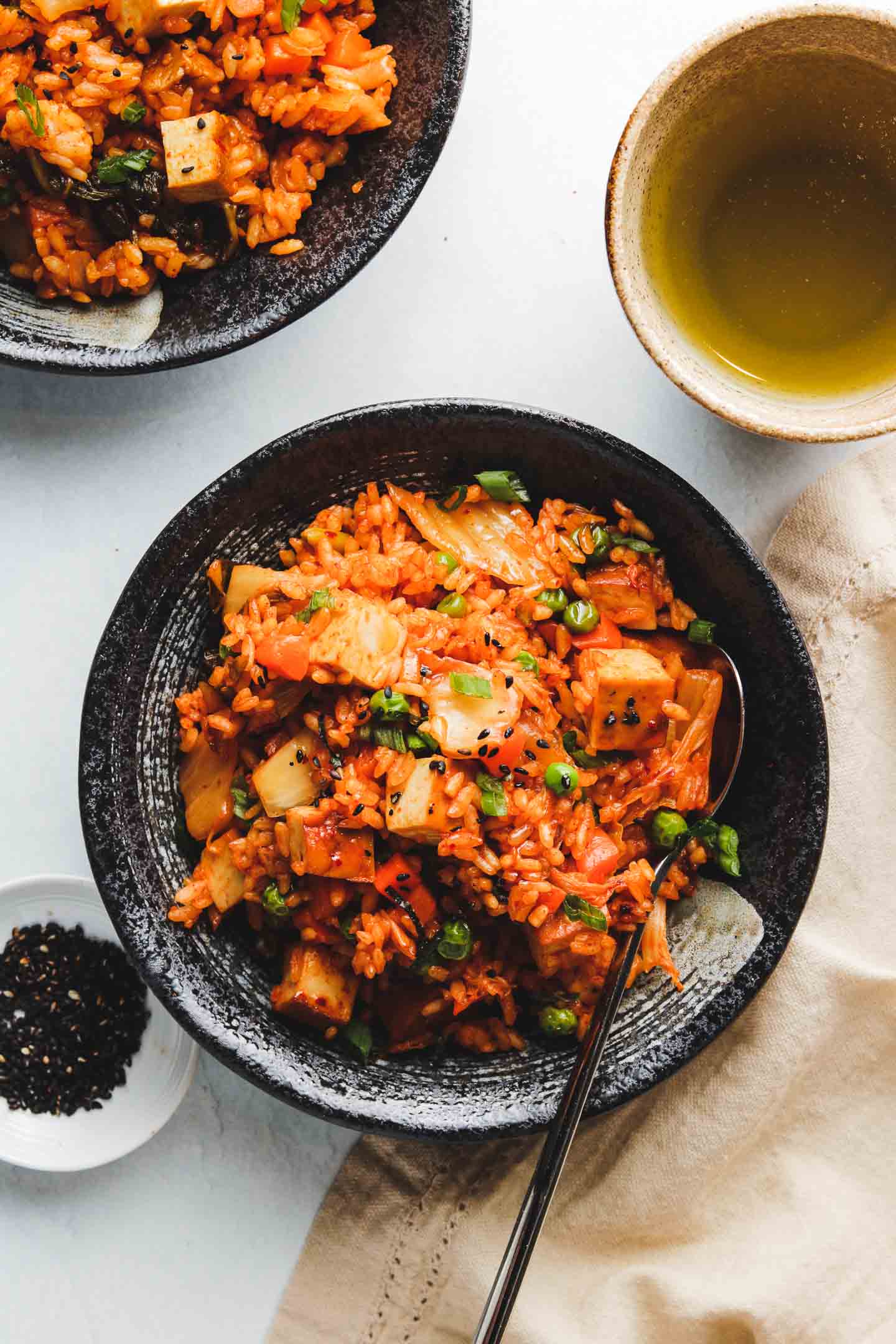 Kimchi fried rice topped with a fried egg